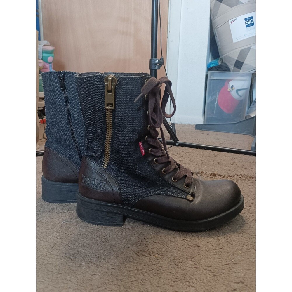 LEVI’S Black Denim&Leather Zip&Lace-up Combat Boots With Floral Lining - Size 8